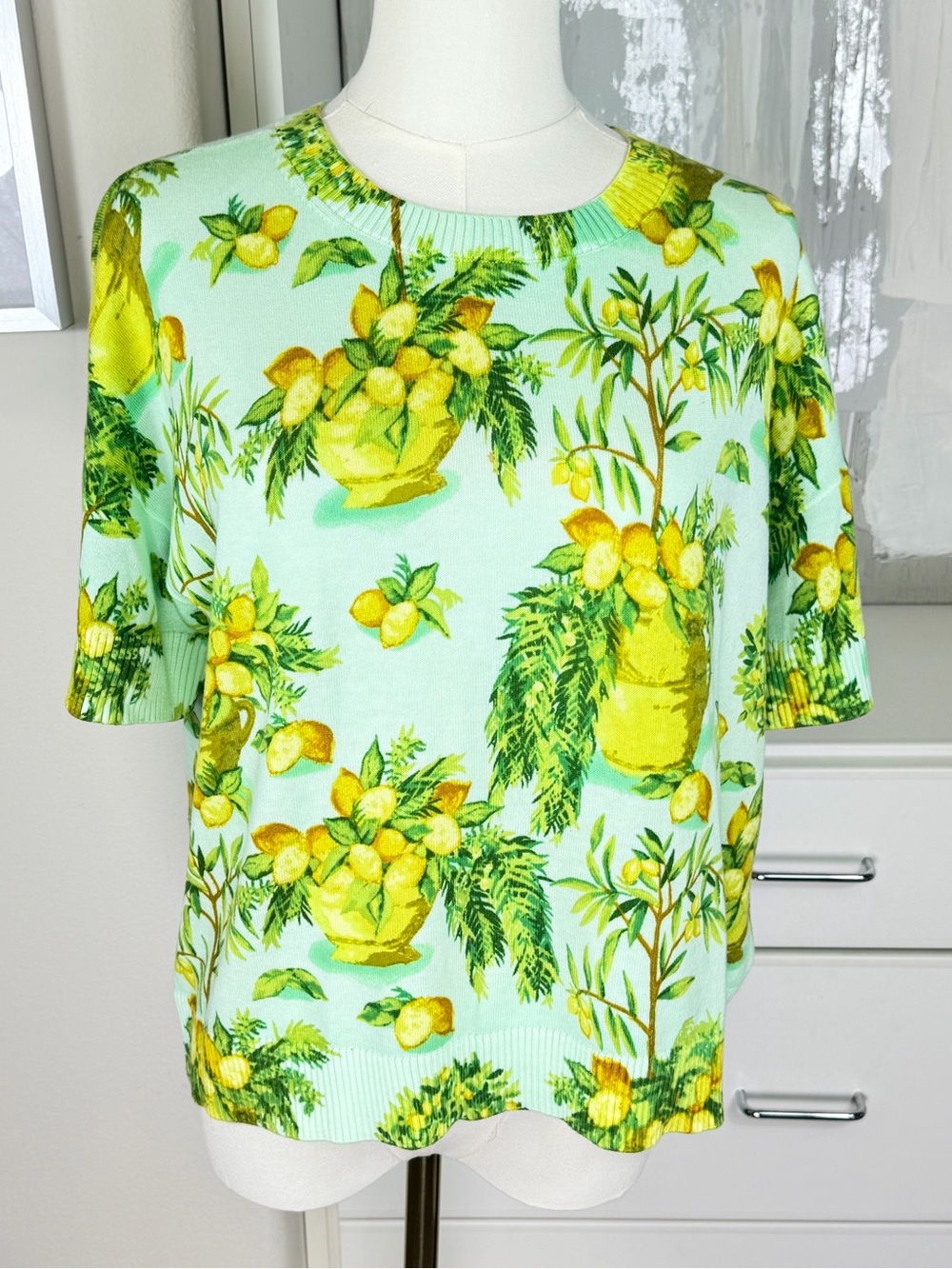 Talbots Mint Green Lemon Tree Print Knit Pullover Sweater NWOT